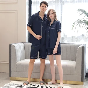 Пижама женская атласная в полоску, пикантный комплект из двух предметов для влюбленных, шелковая пижама в Корейском стиле, пижама с коротким рукавом, темно-синяя, на лето