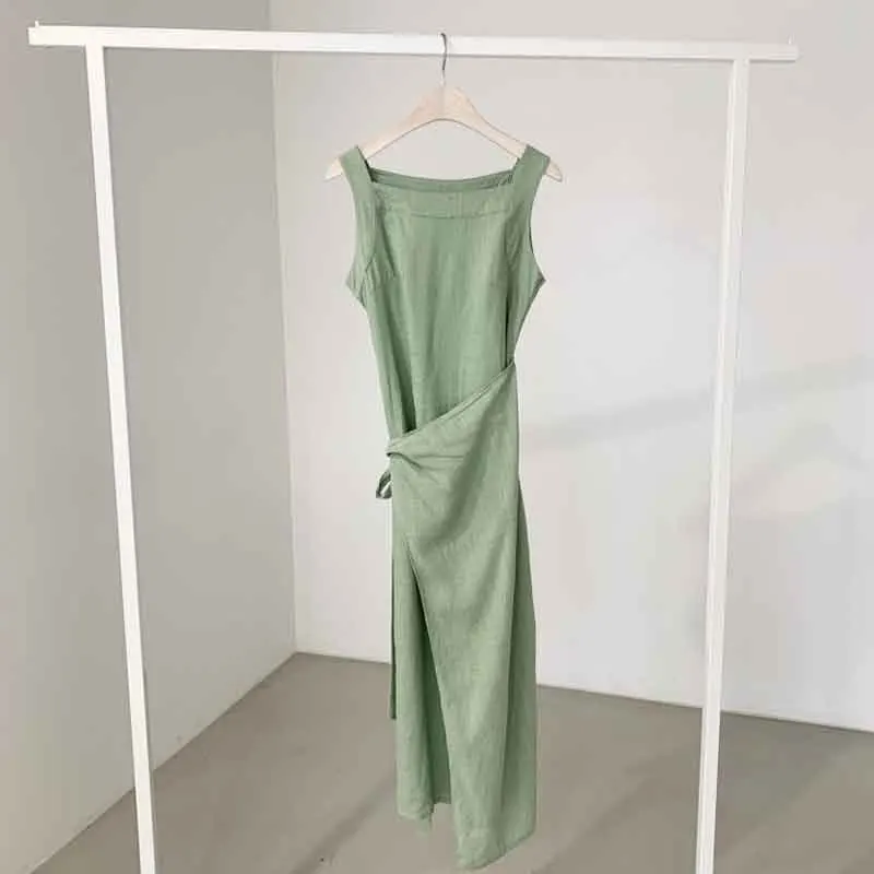 

2020 New Summer Women Sleeveless Dress Elegant Slim Waist Lace-Up Female Vintage Dress Vestidos Wrapped One-Piece Split Dresses