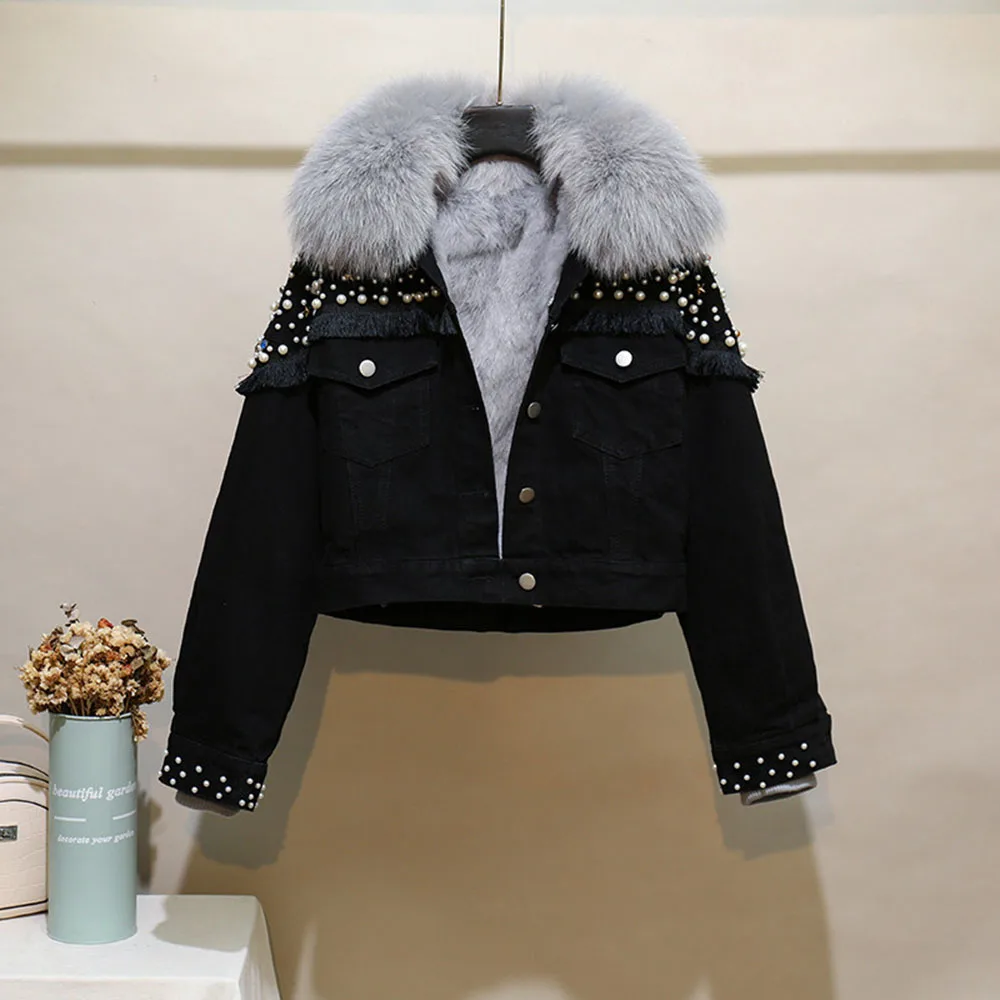 

Зимняя женская джинсовая куртка 2021, Корейская Толстая короткая джинсовая парка с плюшевой подкладкой, Женская куртка в уличном стиле с бахр...