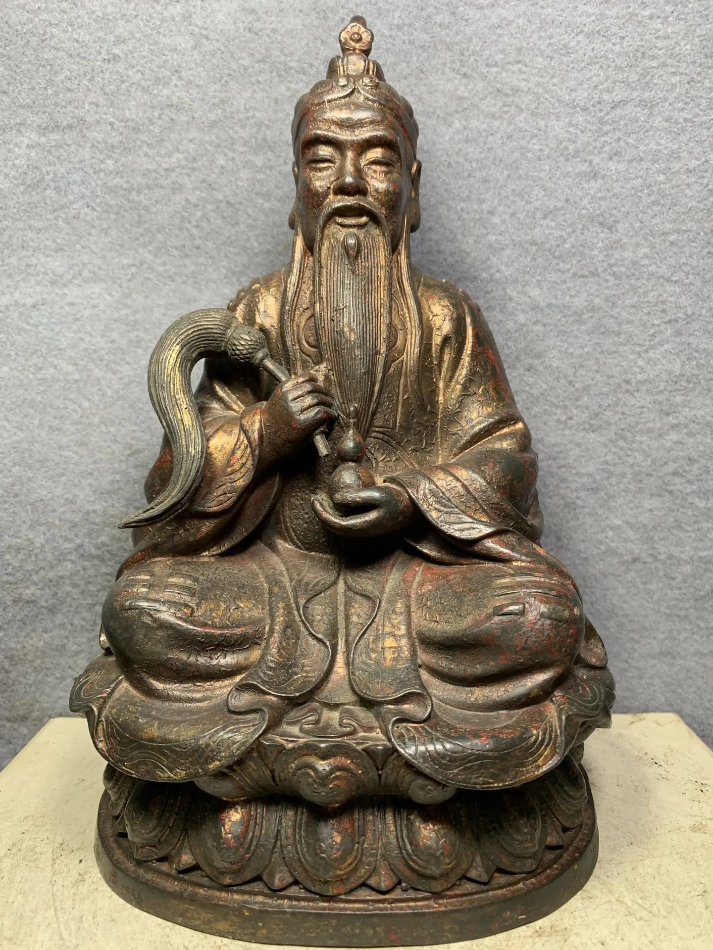 

10"Tibet Temple Collection Old Bronze Cinnabar Lacquer Taishang Laojun Moral heaven Sitting Buddha Enshrine the Buddha