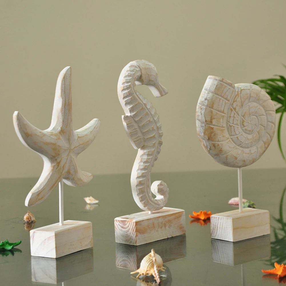 Mediterranean Style Wood Crafts Starfish Conch Hippocampus Wood Carving Marine Garden Decoration Ornaments Home Decoration