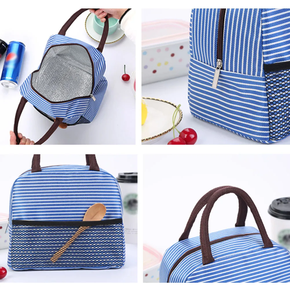 

Waterproof Striped Mesh Lunch Bag Thermal Insulated Bento Case Tote Thickened Cooler Food Snacks Fruit Dinner Storage Picnic Bag