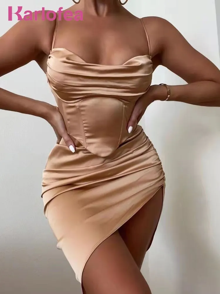 

Karlofea шикарное атласное мини-платье для женщин 2022 новогодние наряды для вечерние модный корсет асимметричный халат сексуальные платья для н...