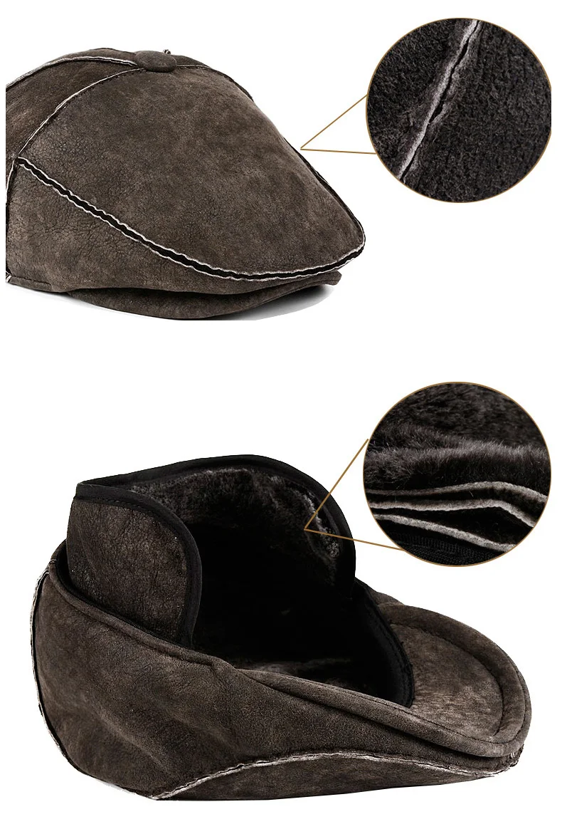Winter Men Korean Thicken Hand-stitched Fur One Warm Forward Beret Male Genuine Leather Wool Hats Fitted black/Grey Tab Boina