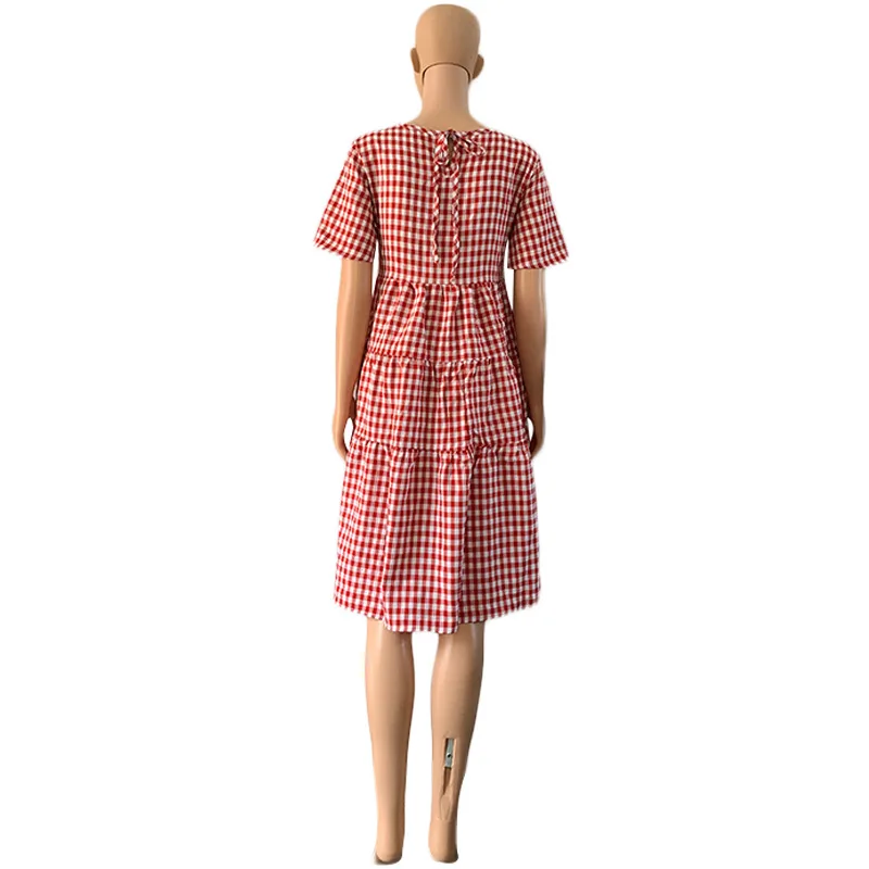

WEPBEL Dress Women's Casual O-Neck Plaid Printed Dress Summer Fashion Short Sleeve Loose Pleated Stitching Dress