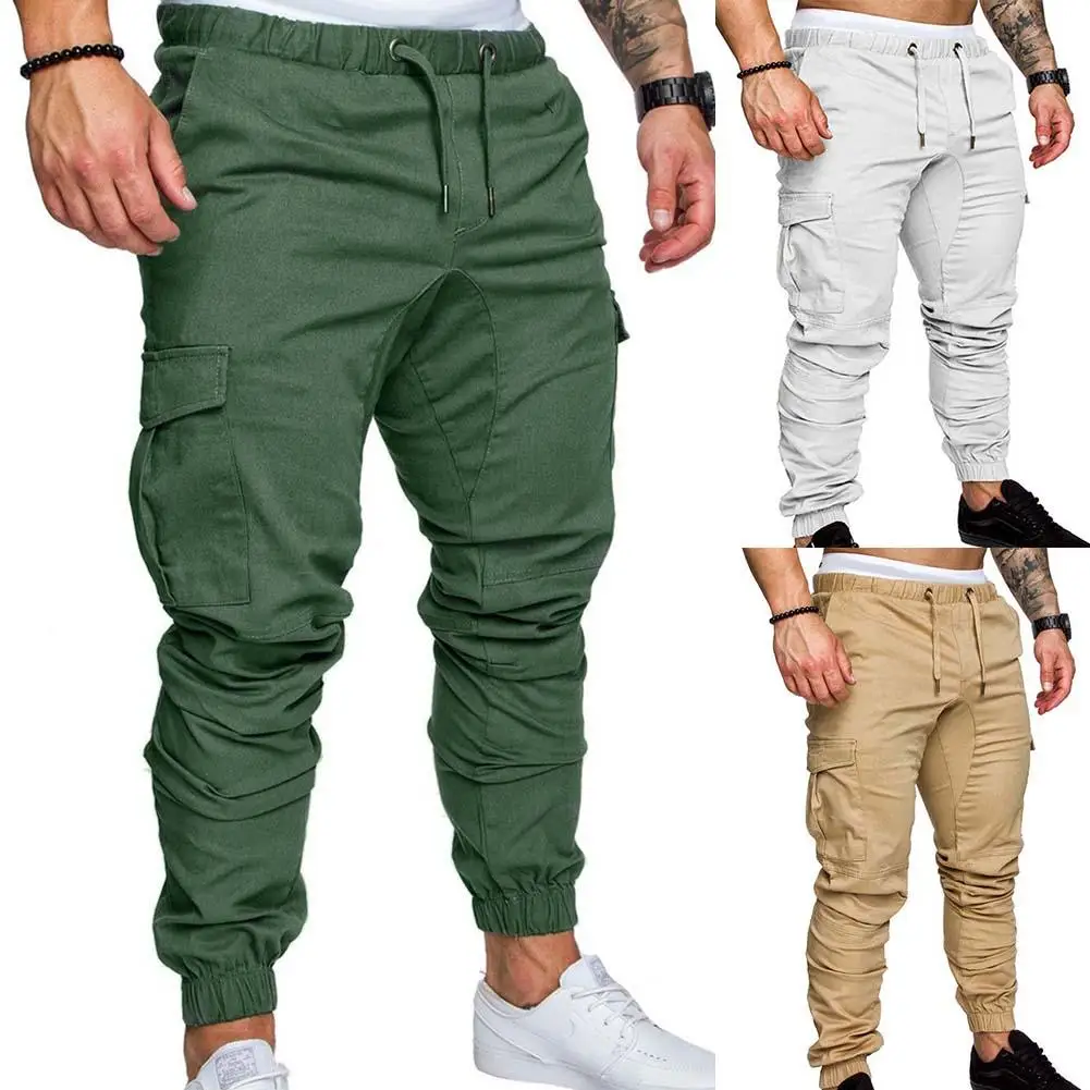 Plus Size Men Solid Color Multi Pocket Drawstring Ankle Tie Cargo Sports Jogging Pants Hip Hop Men's Casual Workwear Trousers