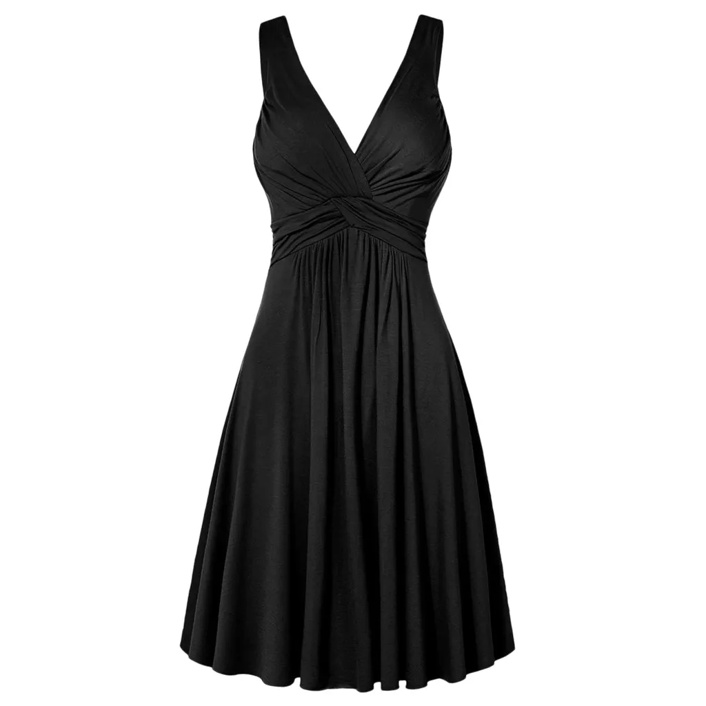 

Women Plus Size Solid Color Camisole Sundress Sexy Deep V-Neck Retro Sling Pleated Slim Sleeveless Wide Straps Dresses Vestidos