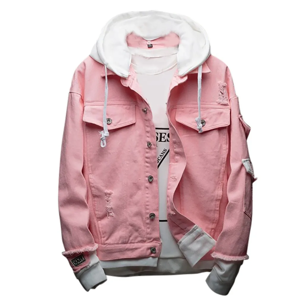 Pink Новинка повседневные мужские куртки мужские новые стильные модные ковбойские куртки повседневная и Удобная джинсовая куртка Мужские Пальто повседневные - Цвет: Pink