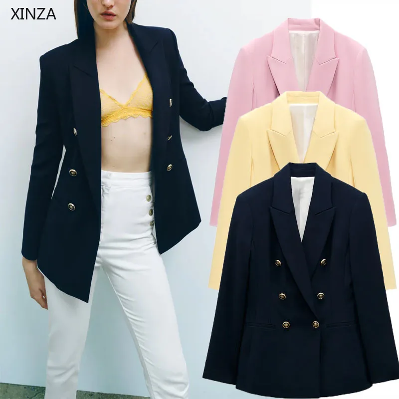 

Woman ZA Blazer 2021 Vintage Double Breasted Buttoned Pockets Blazers Coat Women Pronounced Shoulders Pink White Outerwear