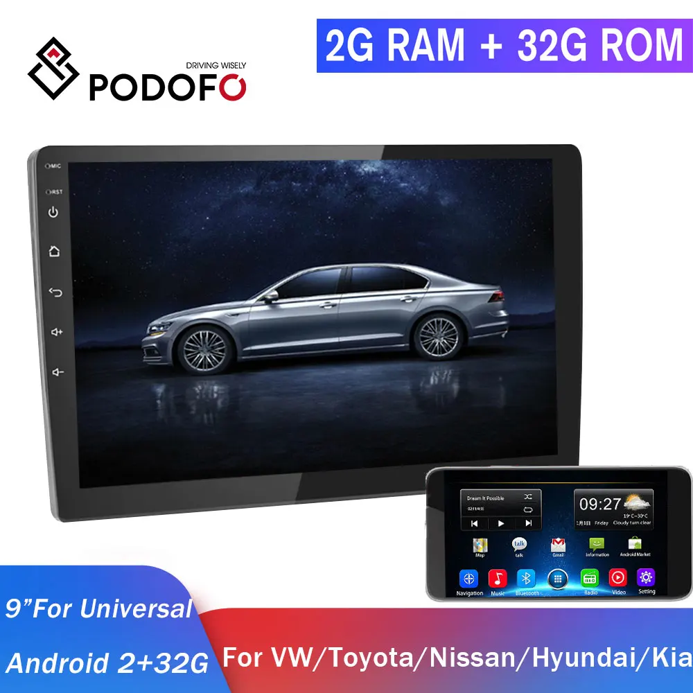 Podofo 2din автомобильный Радио Android мультимедийный плеер 2 + 32G GPS DIN Авторадио для