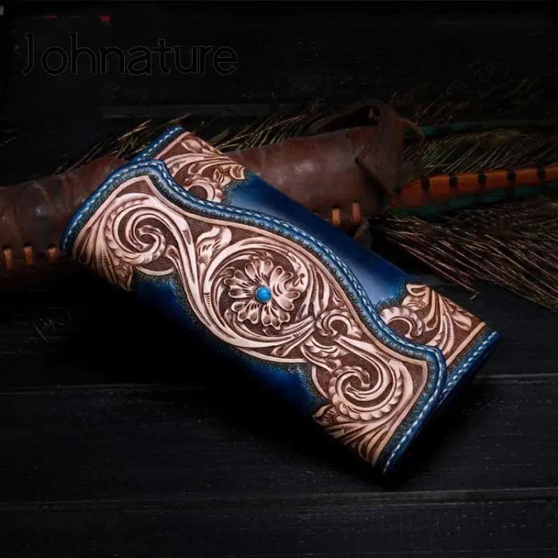 

Retro Women Long Wallet 2021 New Genuine Leather Handmade Craved Purse Floral Large Capacity Female Wallet Card Holder