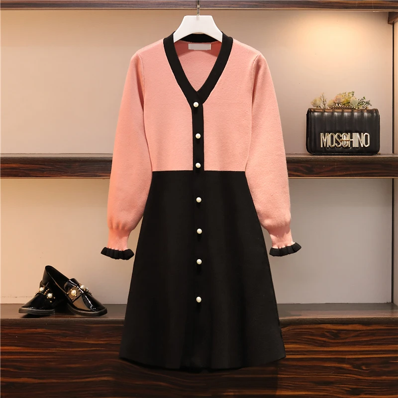 Large Size Women's Wear Fat Mm Autumn And Winter 200 Jin Color-clashing Core-spun Yarn Sweater Color Matching Knitted Skirt | Женская