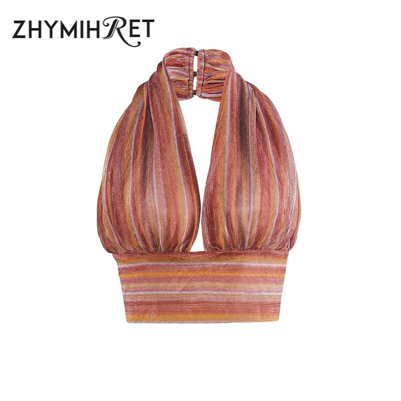 

ZHYMIHRET Y2K Striped Halter Women's Tank Top 2021 Summer Hollow Out Deep V Neck Backless Crop Top Sweet Festival Beach Wear