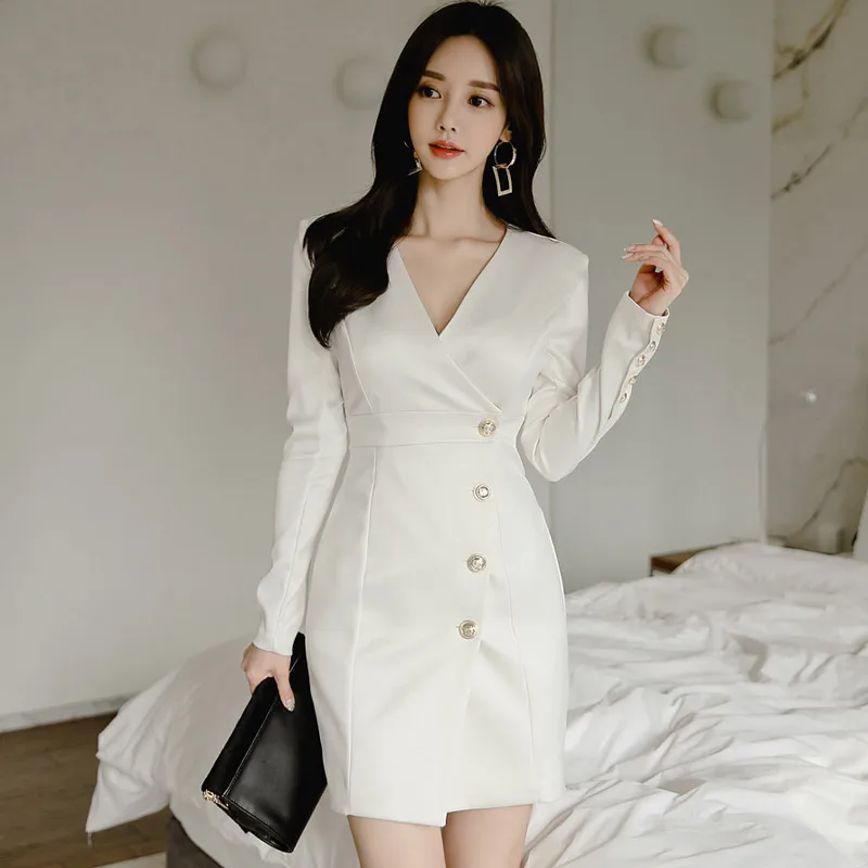 Женский костюм блейзер с V образным вырезом однобортное приталенное платье в