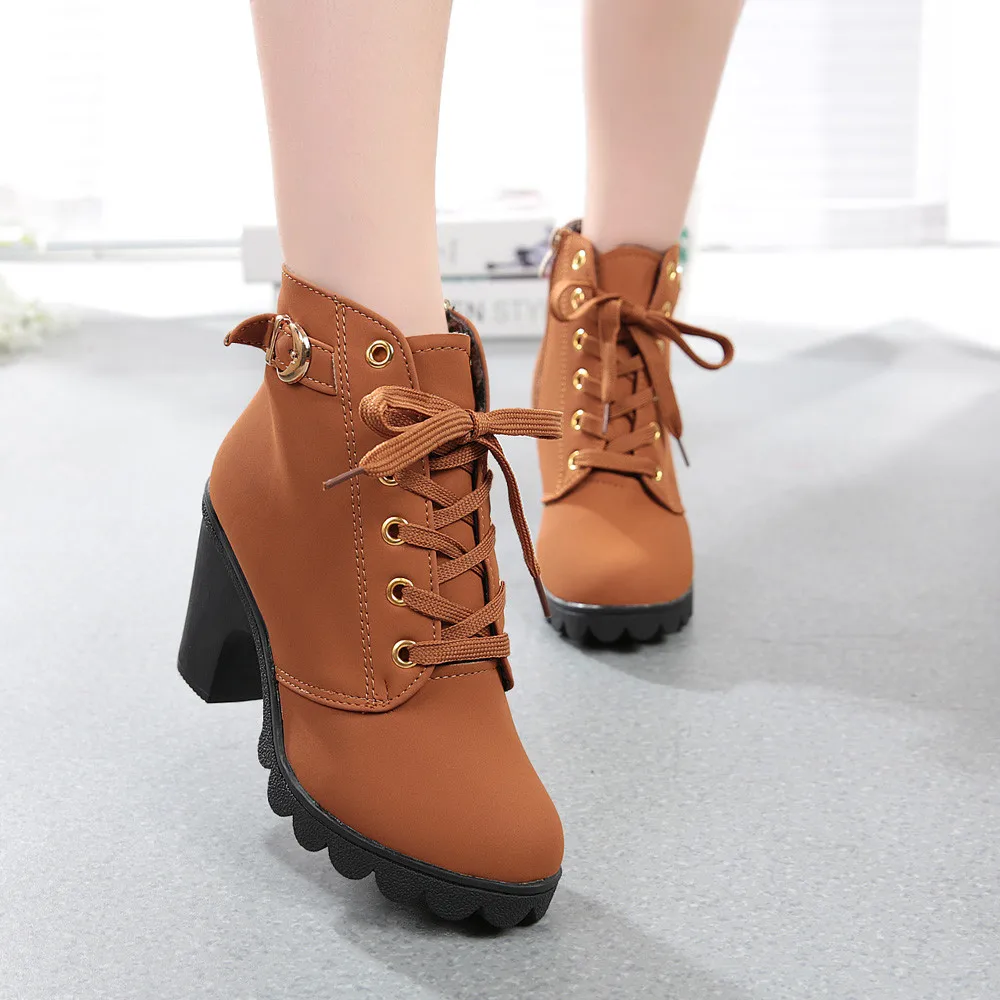 

New Autumn Winter Women Boots High Quality Solid Lace-up European Ladies Shoes PU Fashion High Heels Boots 35-43