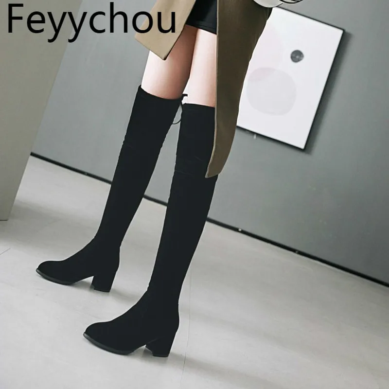 Женские сапоги до бедра осенне-зимние эластичные из флока выше колена с круглым