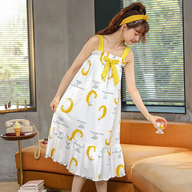 Night Skirt Summer New Style Suspenders Cotton Plaid Cartoon Cute Korean Sweet Ins Sleeveless Home Service Women Night Gown