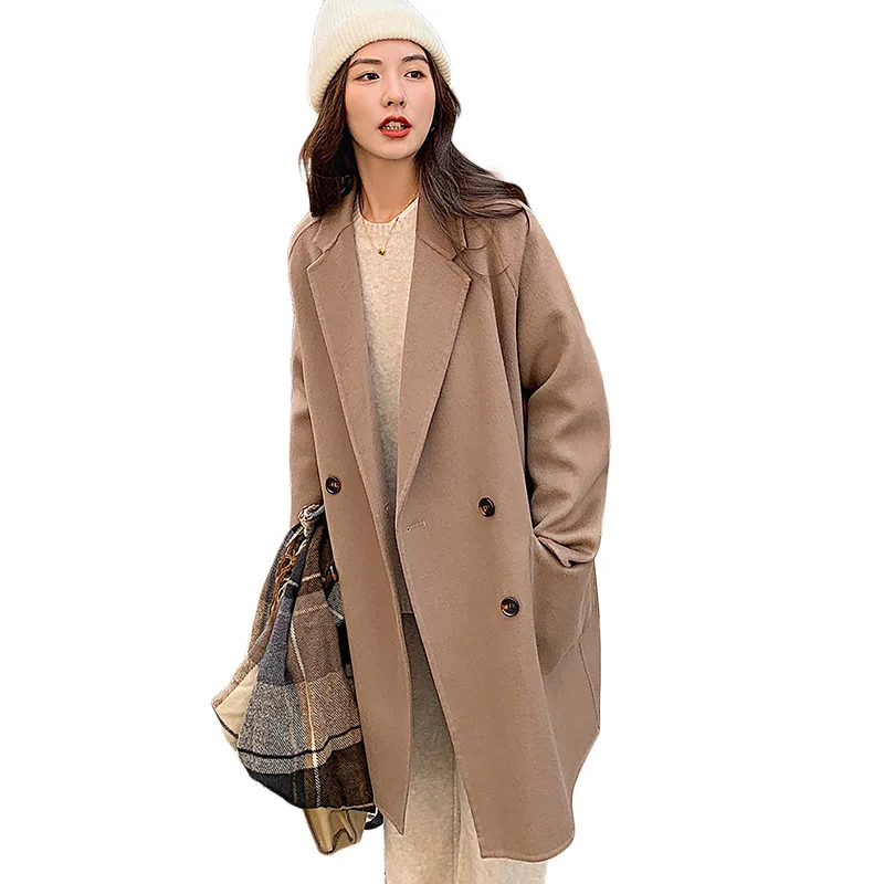 

Women's Dense 100% Pure Wool Mid-Long Coat Loose Raglan Sleeve Jacket Double Breasted Overcoat Fall Autumn Woolen Blazer #2106