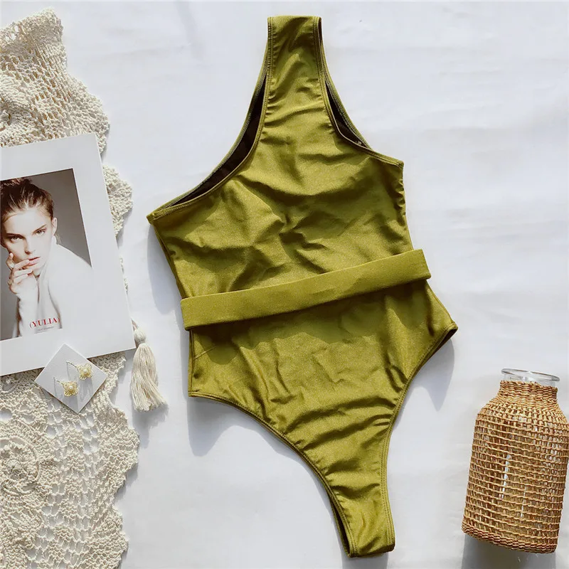 2020 New Sexy Printed One Shoulder Women Swimwear One Piece Swimsuit Female Waist Belt Monokini High cut Bathing Suit Swim Lady