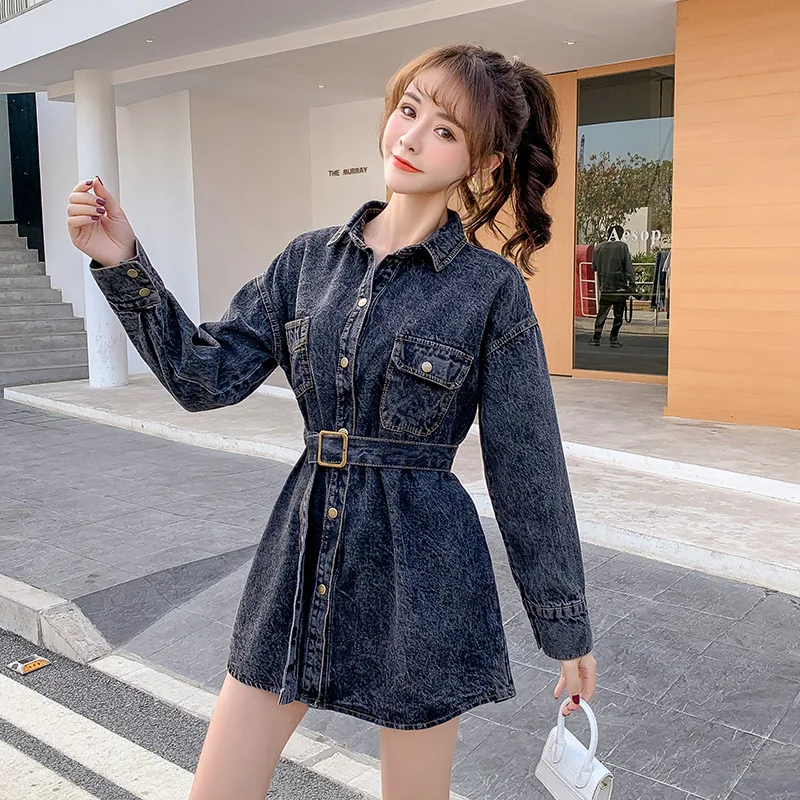

Spring Autumn Korean-Style Lapel Single-Breasted Lace-up Waist Hugging Women's Mid-Length Denim dress Office Lady Solid Empire