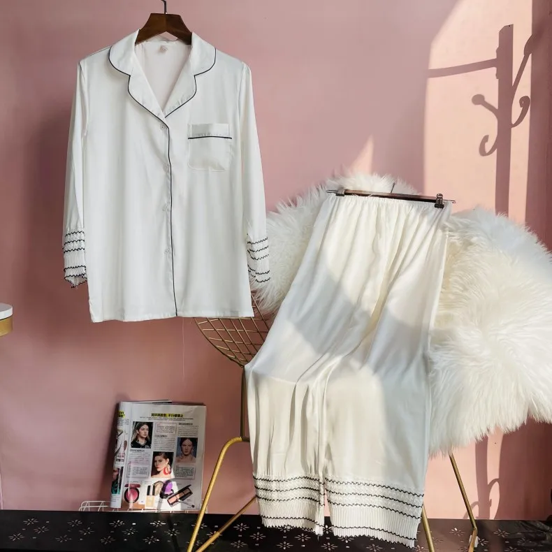 Женский Пижамный костюм из искусственного шелка белая рубашка с кружевной