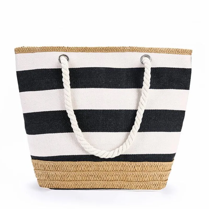 2023 Patchwork Beach Bag High Quality Striped Straw Bags Women Summer Canvas Handbag Larger Holiday Travel Palm Basket