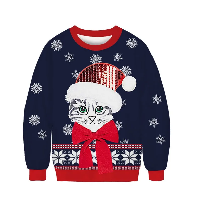 

Свитер с 3d-рисунком кота и снежинок, с длинным рукавом