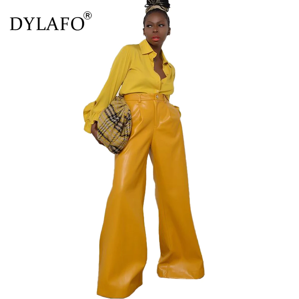 

Yellow Faux Leather Wide Leg Pants for Womens New Spring Autumn Elastic Waist Female Loose Pants Streetwear Trousers