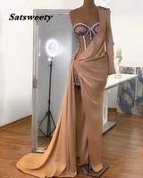 single long sleeve evening dresses champagne 2022 sexy high slit beading crystals dubai women formal evening party gowns