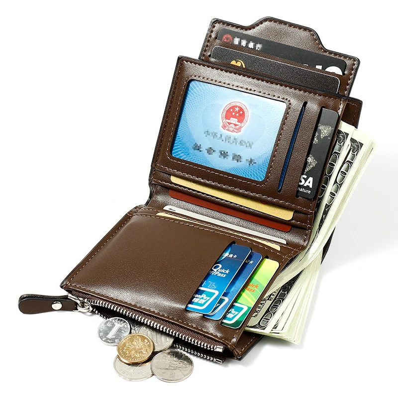 Мужской кошелек для мужчин с карманом монет отделением ID карт на молнии двойной