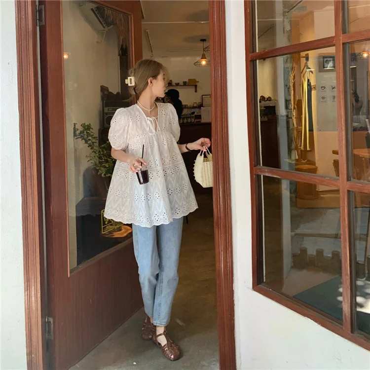 Женское кружевное платье-рубашка белое тонкое свободное платье во французском