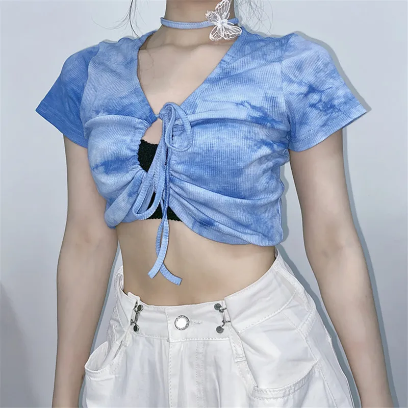 

Women T-Shirts 2020 Summer Short Sleeve Top Fashion Bandage High Street Tie-dye Lace up Hollow Exposed Navel T-shirt