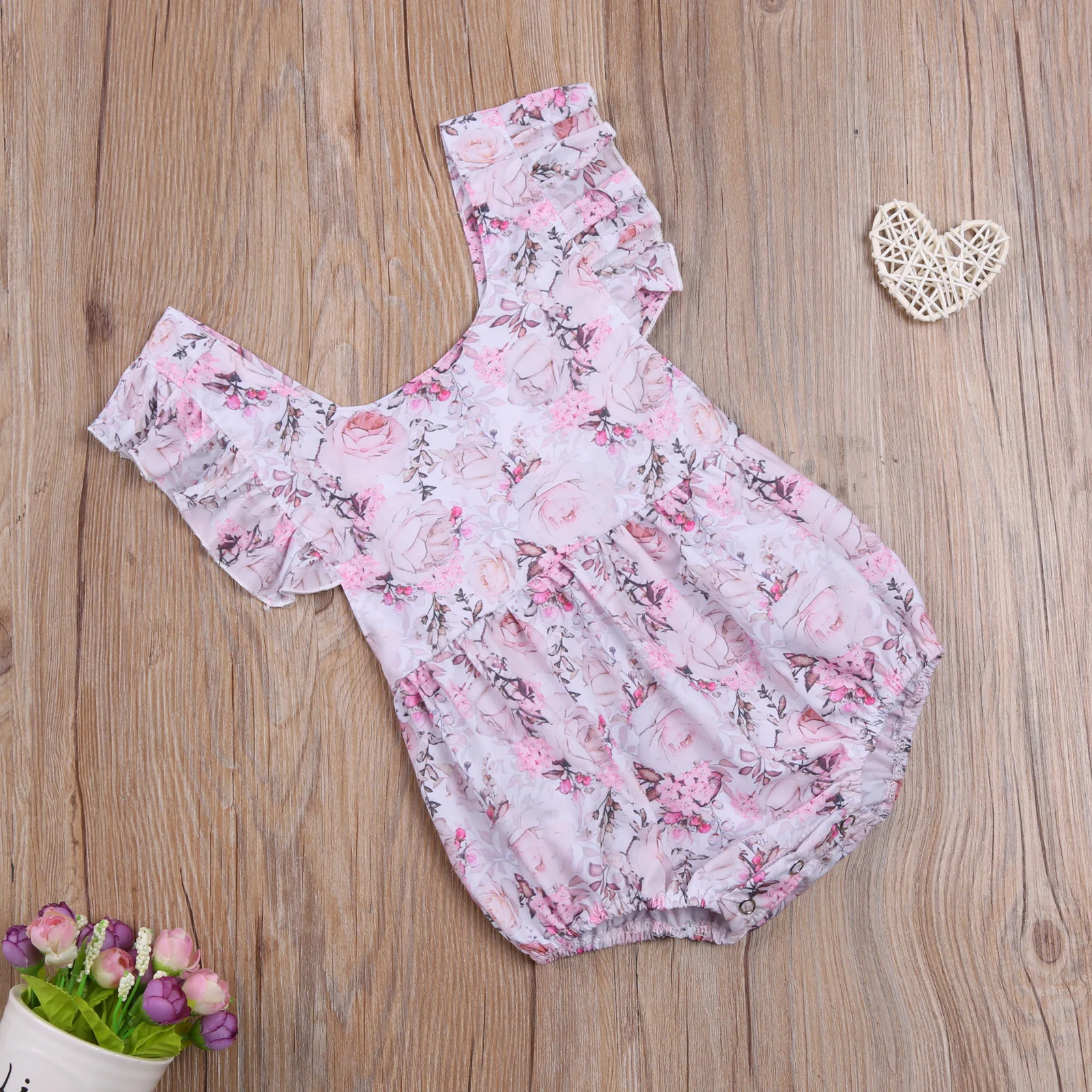 

0-18months Newborn Baby Girl Flying Sleeve Romper Round Neck Flower Pattern Summer Jumpsuit Outfits