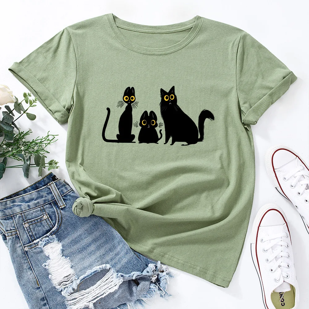 

Plus Size S-5XL New Black Cat Family Print T Shirt Women Shirts 100%Cotton O Neck Short Sleeve Tees Summer Tops Funny T Shirts
