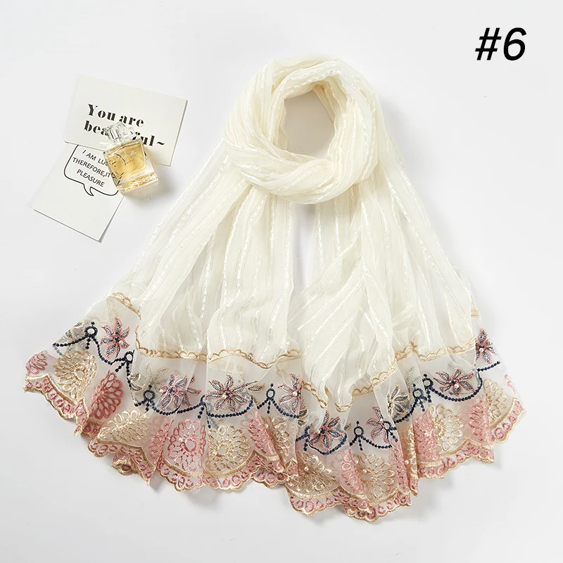 Новый женский шарф с кружевом и жемчугом шали хиджаб мусульманская повязка на