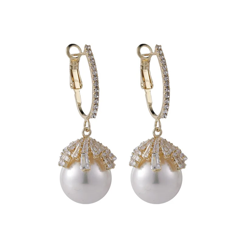 

Minar French Elegant Champagne Grey White Red Color Big Pearl Earrings for Women Brass Gold Shiny Zircon Hook Earring for Women