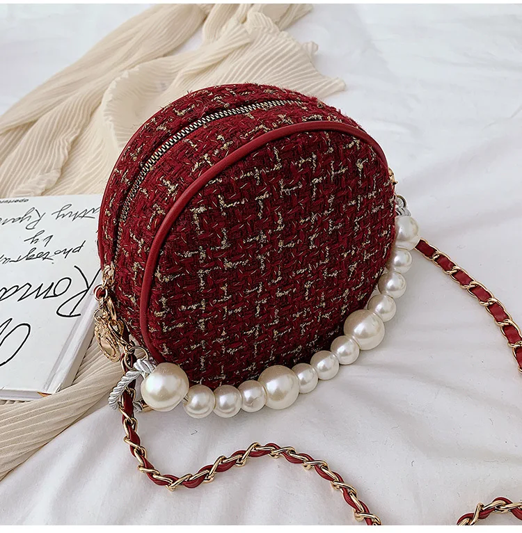 bolsos модные женские сумки-почтальон, круглая сумка на плечо, дизайнерская сумка через плечо, твидовые сумки для женщин, жемчужное колье, сумка