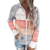 Women Long Sleeve Sweater Full Zip Up Hooded Jacket Color Block Knitted Cardigan