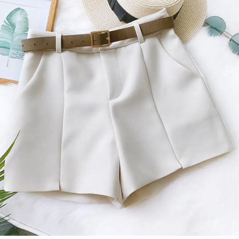 

2021 casual summer suit short pants with belt women high waist a-line short pants With Pockets female hot pants elegant pants