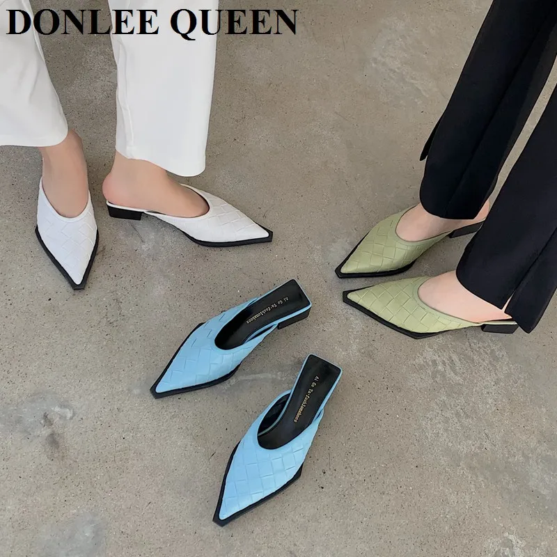 

Spring Shoes Brand Weave Slipper Women Pointed Toe Low Heel Female Mule Outdoor Slide Slip On Flip Flops Green Zapatillas Mujer