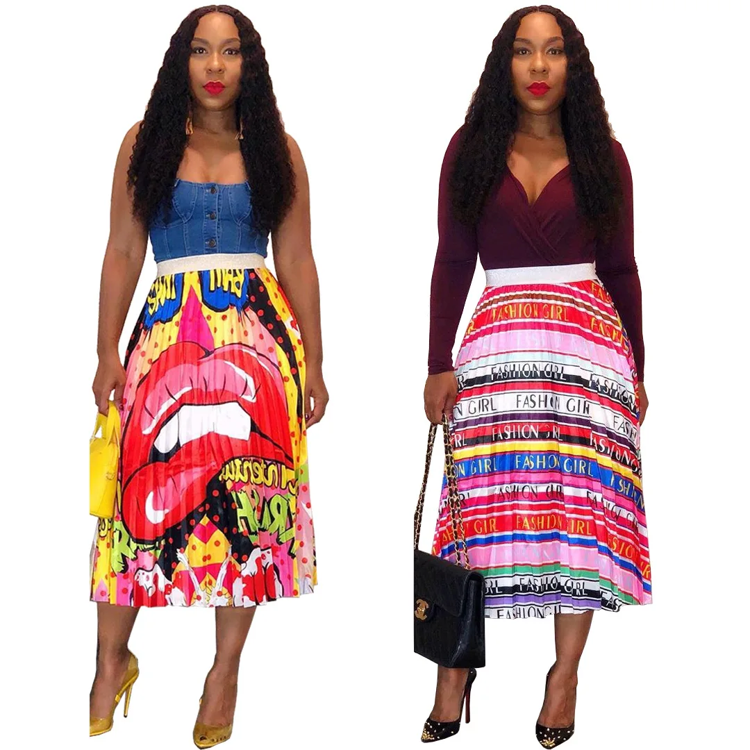 

Ursuper European and American Women's Clothing Cross-Border Nightclub Uniforms Lips Letter Stripes Printed Pleated Skirt Skirt
