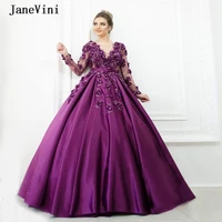 janevini gorgeous purple long sleeves arabic quinceanera dresses ball gown scoop neck handmade flowers beaded satin formal gowns
