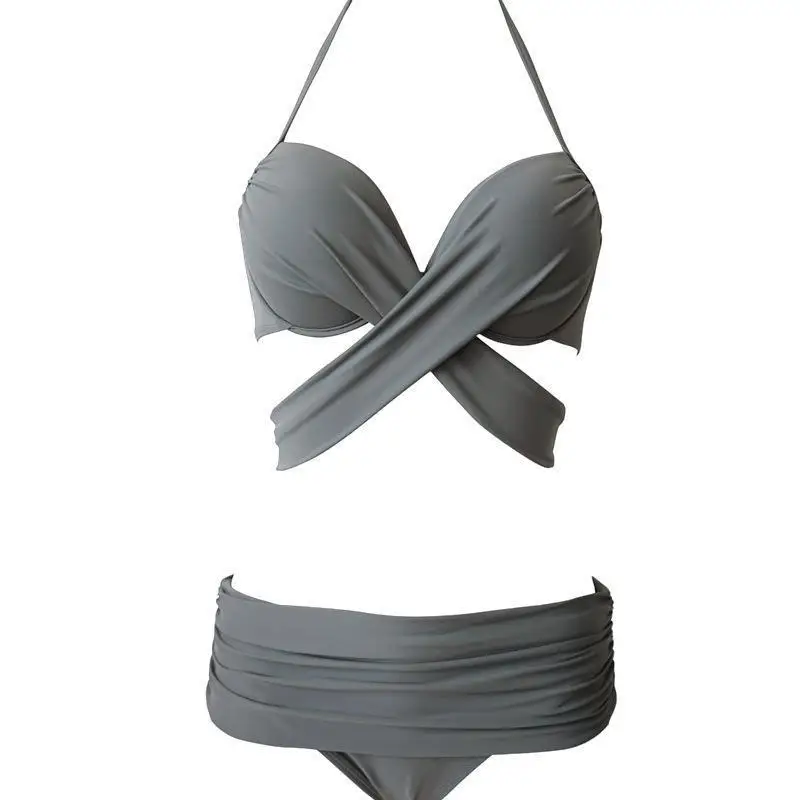 

Elegant Polychromatic Swimwear Women Bathing Suit Hollow Out Bikini Female High Waist Pleated Swimsuit Cross Bandage Bikini Set