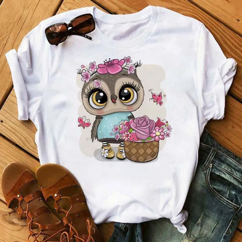 

2021 Ladies Owl Print T-shirt Ladies O-Neck Harajuku Streetwear Fashion