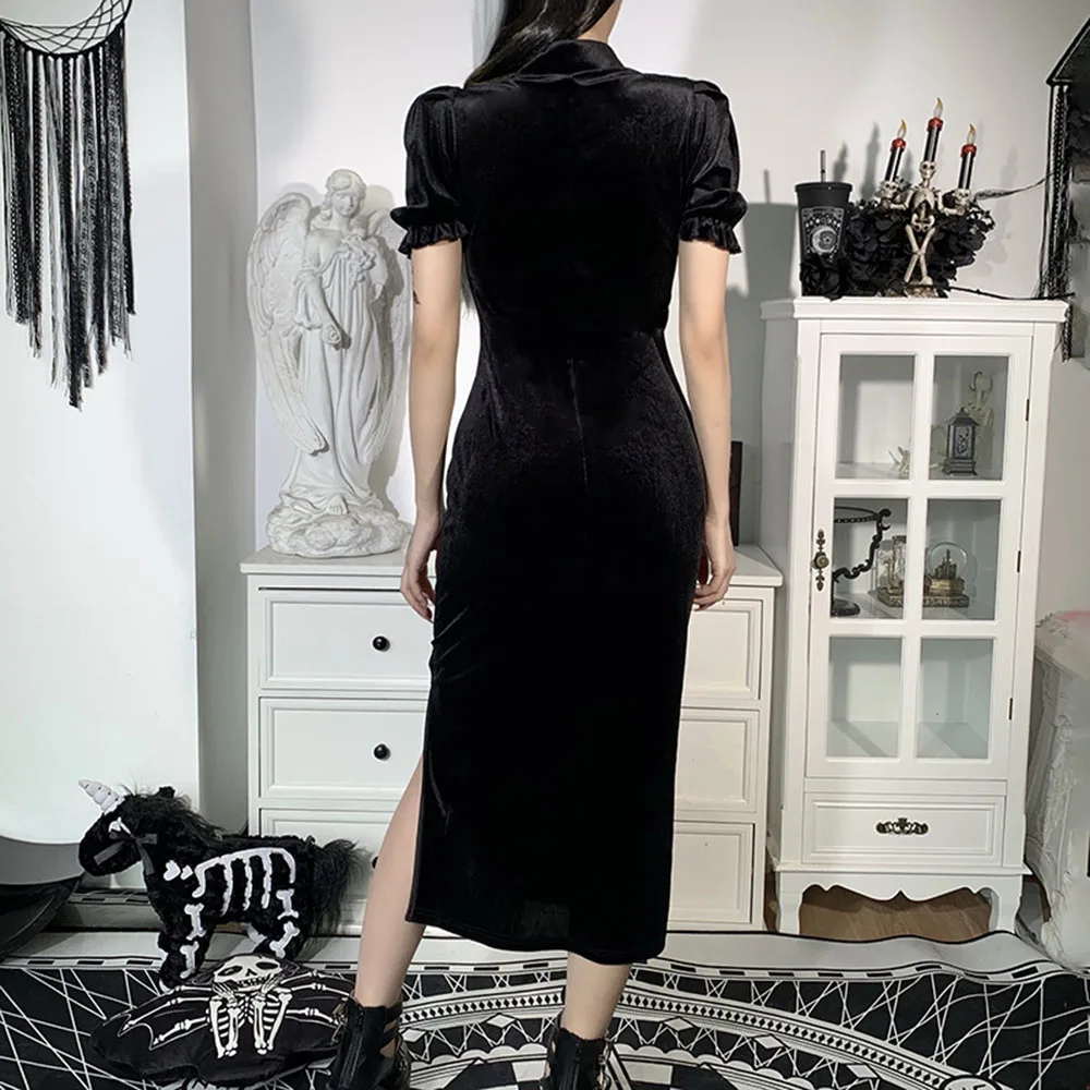 

2021 Summer New Fashion Gothic Women's Dress Solid Color Sexy High Waist Split Fork Hollow Out Lace Puff Sleeve