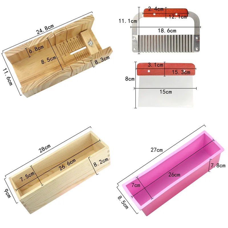 Herramientas de fabricaci&oacute;n de jab&oacute;n, caja de corte de madera, molde de silicona de 1200ml, hoja recta y hoja de onda, cortadores de jab&oacute;n DIY, suministros de jab&oacute;n Manual, 4 unids/set por juego-1