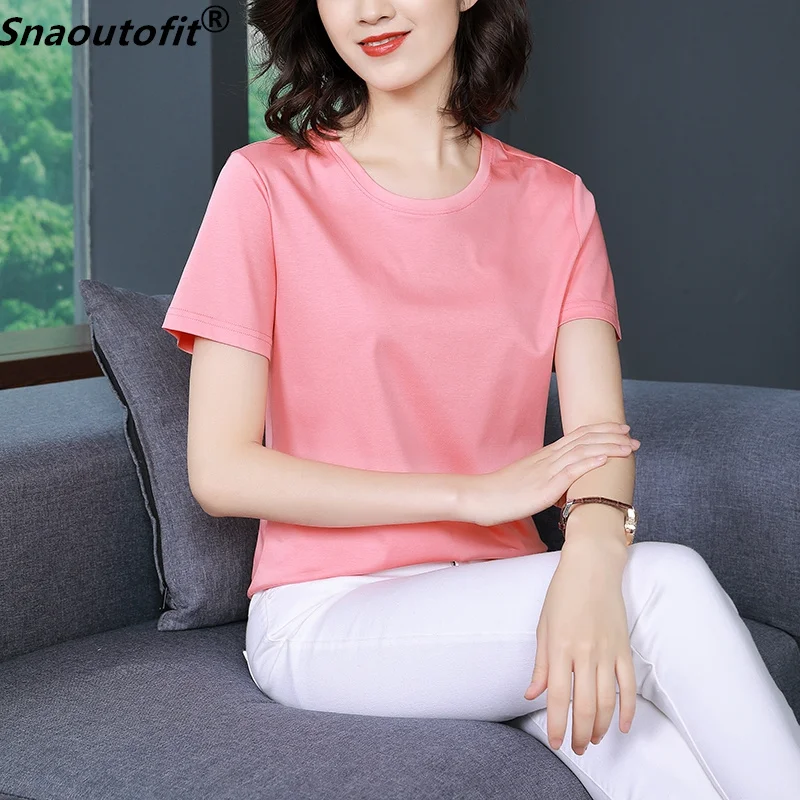 

2021 Spring Summer New 100% Mercerized Cotton Women's Short-Sleeved T-Shirt Round V-Neck Solid Color Wild Loose Bottoming Shirt