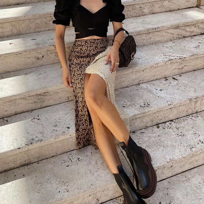 

Daisy Printed Patched Y2k High-Waisted Split Long Skirt Women 2021Summer Fashion New Trend Elegant Floral Skirts Saias Beachwear