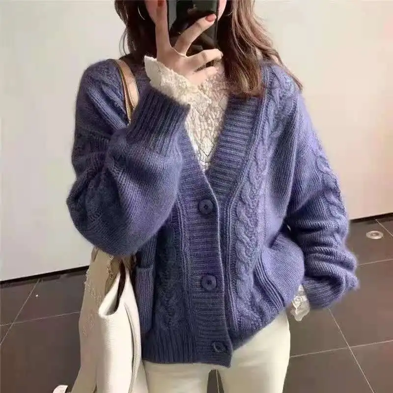 

Woman Sweater Cardigans Autumn New Female V Neck Single Breasted Loose Thicken Sweater Ladies Long Sleeve Knitting Tops Q197