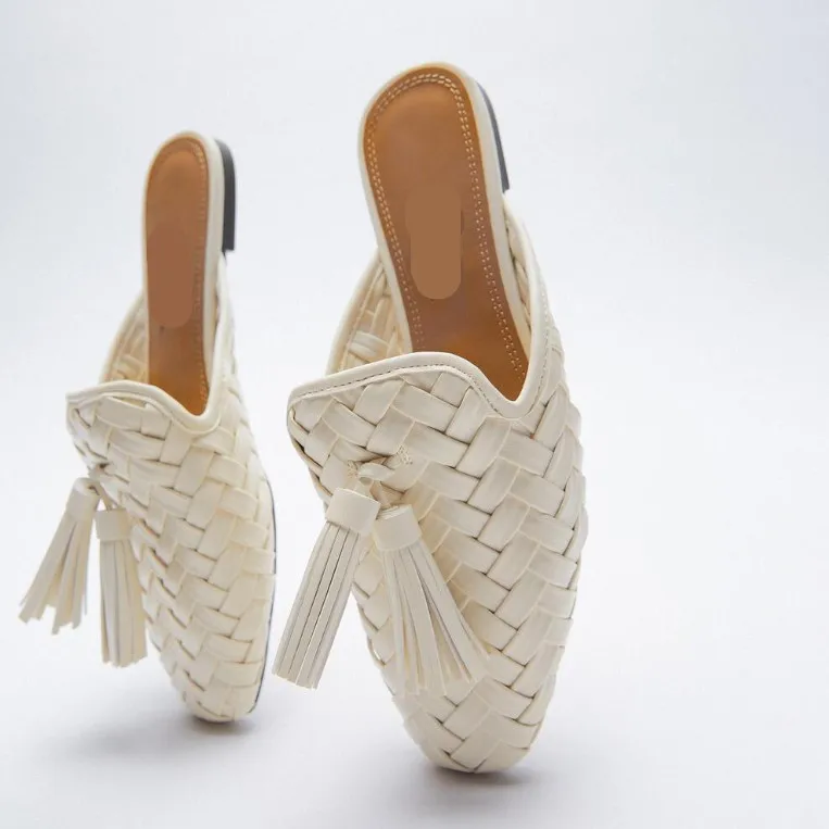 

Mules For Women 2022 Ladies' Slippers Cover Toe Female Shoes Fringe New Flat Summer Basic Scandals Fabric Rome Rubber PU mujer